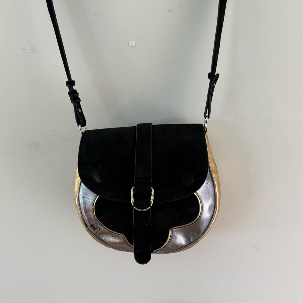 BCBGMaxAzria Black Suede, Gold & Silver Crossbody Bag